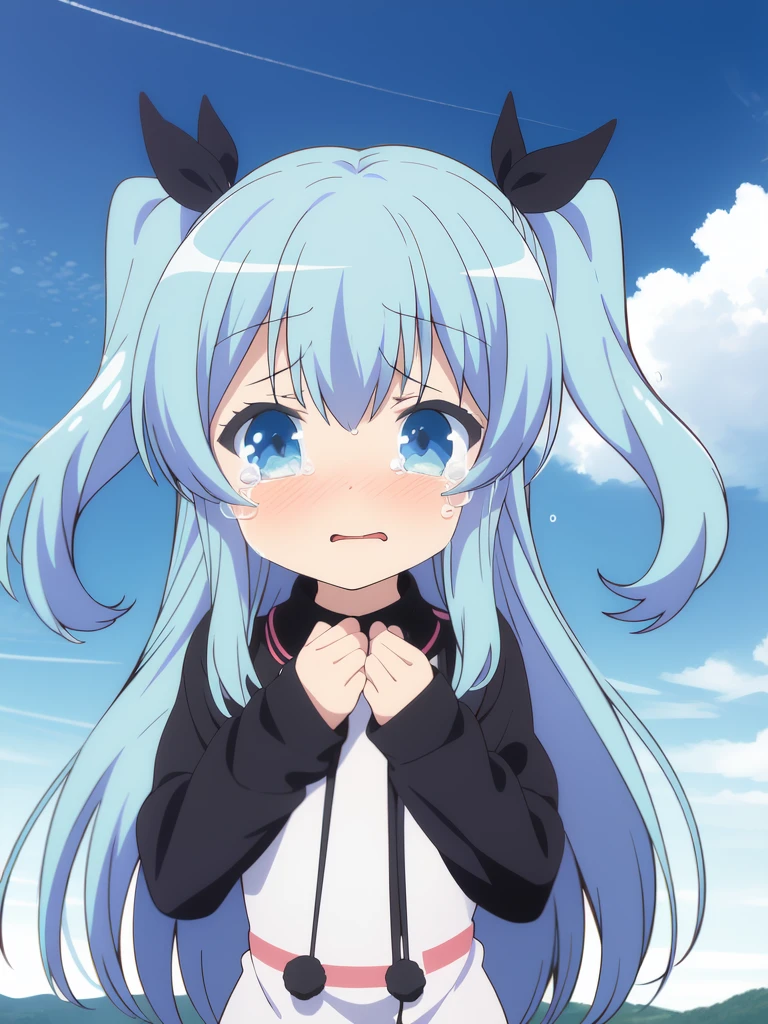 <lora:Noel:0.8>Noel, 1girl, long hair, blue hair, blue eyes, ribbon, two side up, hair ribbon, tears, solo focus, blush, sky, long sleeves, blue sky, day, clenched hands, sleeves past wrists
masterpiece, high quality, very_high_resolution, large_filesize, full color,