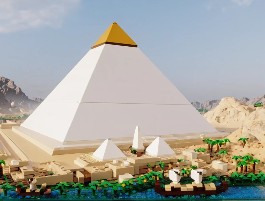 wh1t3ng0ld style pyramids made of legos, 8k hd high definition beautiful photography, cg award winning unreal engine render, matte painting ultra realism <lora:Unweathered_Pyramids-000006:0.8>