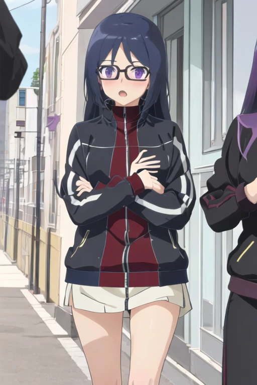 best quality, masterpiece, highres, solo, {momoshina_fumika_alicegearaegisexpansion:1.15}, glasses, long_hair, purple_eyes, blue_hair, blush, black_hair, 1girl, jacket, track_jacket, open_mouth, track_suit