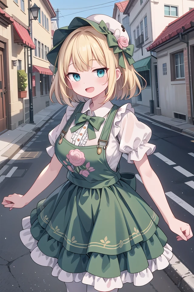insanely detailed, absurdres, ultra-highres, ultra-detailed, best quality
BREAK
(white and light-green theme:1.4), ((gothic dress, classic and cute fashion):1.2), (light-green classic-bonnet on head:1.4), (fusion of light-green jumper-skirt and white blouse:1.5),
(light-green (overalls skirt, jumper-skirt) with white ruffles:1.4), (big light-green ribbon bow on skirt:1.4), ((short sleeves, bishop sleeves):1.3), (crinoline:1.2),
(oversized multilayer-skirt with ruffles:1.3), (white pantyhose:1.2), (Place multi-layered white ruffles on front of the skirt:1.3),
(garter belt:-1.4), (belt:-1.4), (-Metal fittings:1.4),
BREAK
(pink Detailed embroidery on skirt:1.4), (loafers:1.1),
BREAK
1 girl, solo, happy smile, laugh, open mouth,
BREAK
standing, cute pose, cowboy shot, looking at viewer,
slender, kawaii, perfect symmetrical face, ultra cute girl, ultra cute face, ultra detailed eyes, ultra detailed hair, ultra cute, ultra beautiful,
BREAK
(outdoor, in street, city, european street:1.3), ultra detailed background, (door:-1),
medium large breasts
BREAK
(blonde hair:1.3), medium hair, blue eyes