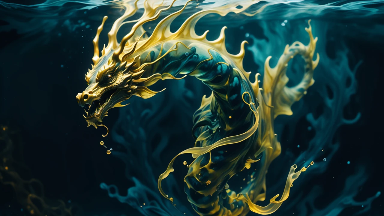 photograph, cinematic color grading, <lora:EnvyInkSwirlXL01:1>dragon made of glimmering dark goldenrod swirling ink, underwater<lora:EnvyBetterHiresFixXL01:0:hr=1>