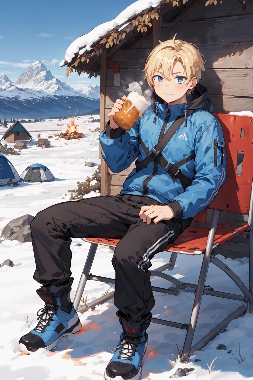 wide Shot,(best hands),best quality,(masterpiece:1.1576), (ultra detailed 8k art:1.05),2
male, (blond hair male and black hair male),From above,(drink metal mug, beer,sitting in camping chair,cobalt blue eyes), (focus face:0.8),angelic smile,steam,outdoor,looking the viewer,Climbing clothes, long sleeves ,(Mountain hut:1.2),  Climbing long pants, climbing boots,many climbers BREAK
close-up face,spring, Campfire, top of the mountain,(Arctic Fox walking in the distance),cold,Sense of accomplishment, exhilaration,adventure