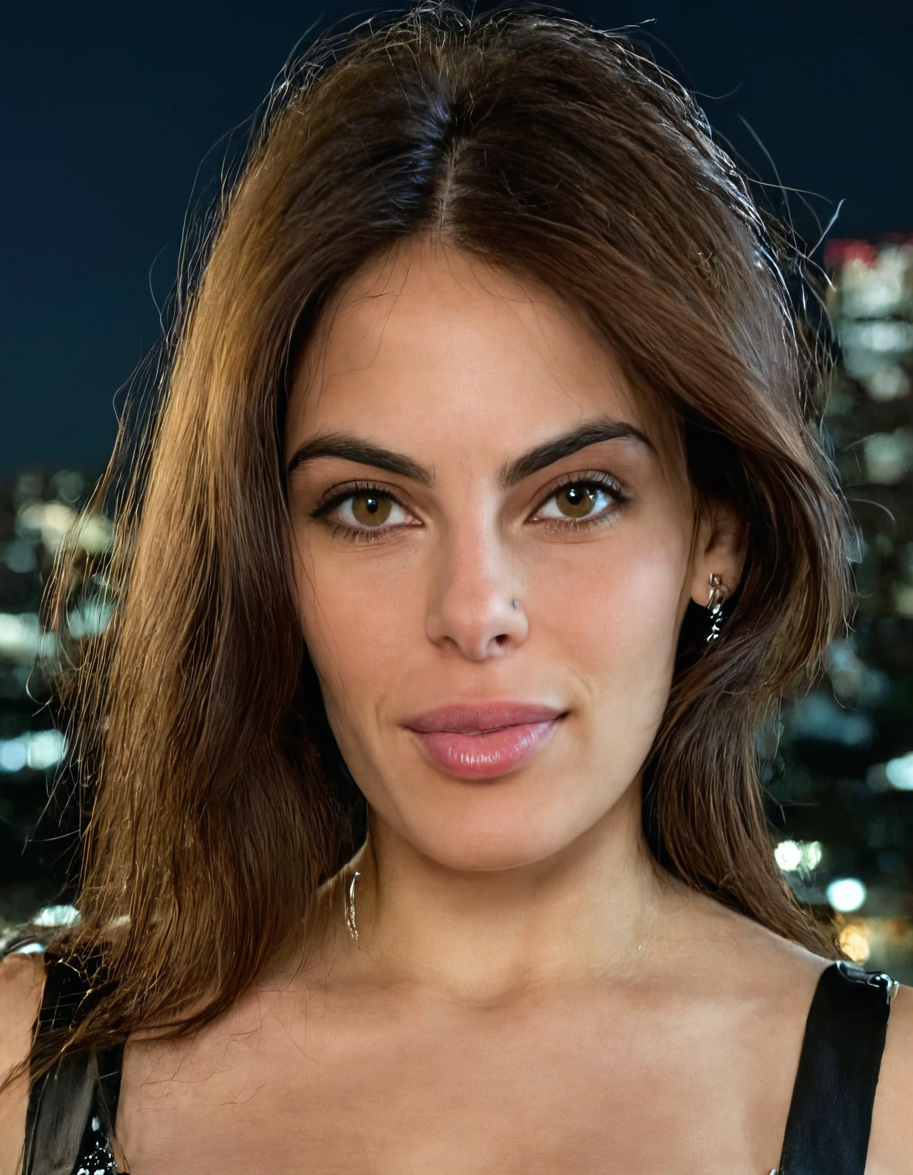 DSLR photo of alexapearl with long brown hair, black top, night city in the background, hyperdetailed photography, head and shoulders portrait, soft light, uhd, 8k, absurdres, film grain, shot with Sigma 135mm f/1.8 DG HSM lense, <lora:alexapearl:1>