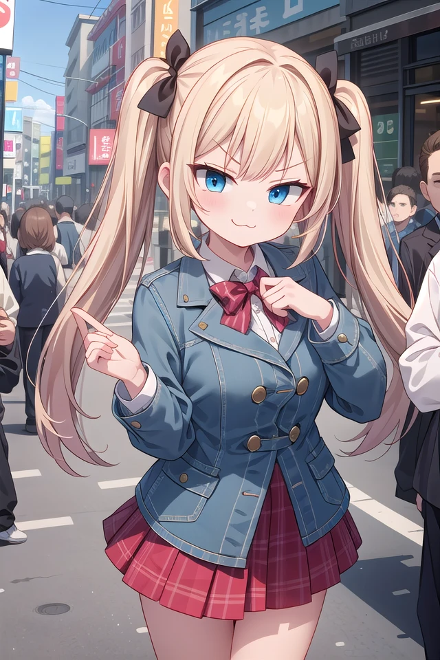 insanely detailed, absurdres, ultra-highres, ultra-detailed, best quality,
1girl, solo, nice hands, perfect hands,
BREAK
lanky,gothic dress,nylon clothes,denim dress,saddle jacket,red tartan-check pleated skirt
BREAK
(smirking, evil smile:1.2), closed mouth, (:3:1.3), v-shaped eyebrows, standing
BREAK
slender, kawaii, perfect symmetrical face, ultra cute girl, ultra cute face, ultra detailed eyes, ultra detailed hair, ultra cute, ultra beautiful,
BREAK
in harajuku, shibuya, tokyo, street, crowd, cityscape,
BREAK
medium large breasts,
blonde hair, blue eyes, twintails