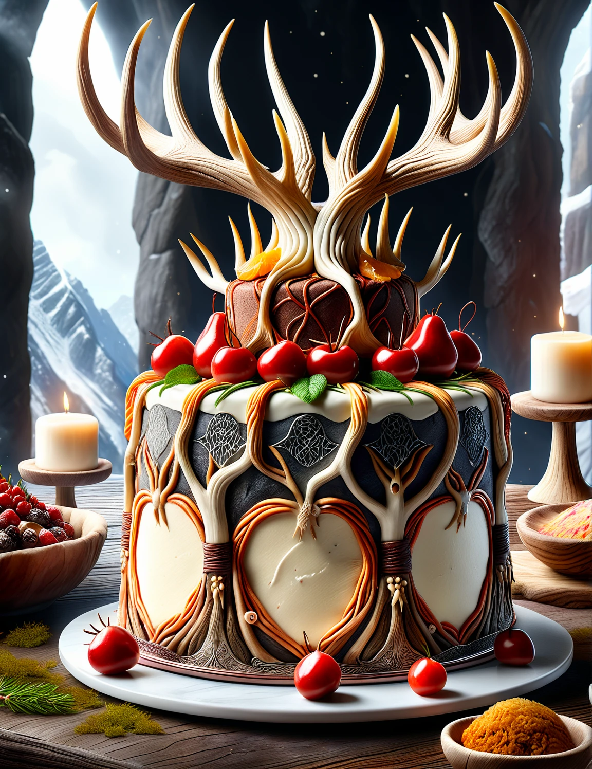 <lora:SDXLAntlerPagan:1>AntlerStyle, food photography, a cake for the gods, high quality, extremely detailed, 8k,HDR