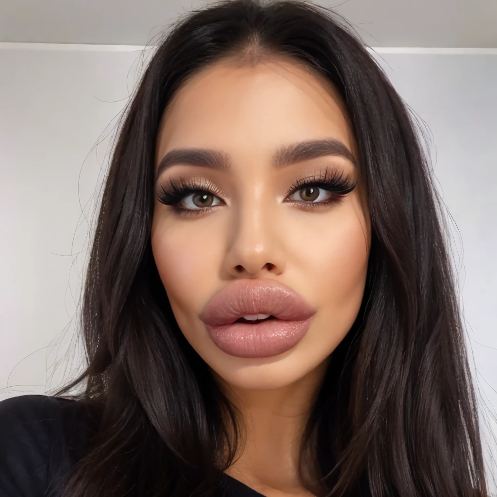 Bimbo, 20yo, cute asian, (beautiful face), soft face, bangs, natural, oiled, big fake lips, (extreme lip filler), pouting lips, blushing, embarrassed, satisfied, best quality, hd