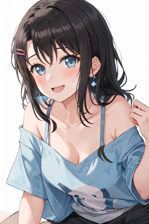 best quality, masterpiece, highres, solo, {okusawa_misaki_bangdream:1.15}, bangs, black_hair, hair_ornament, blue_eyes, hairclip, blush, smile, medium_hair, open_mouth, long_hair, 1girl, blue_shirt, shirt, simple_background, upper_body, collarbone, looking_at_viewer, sweatdrop, white_background, off_shoulder