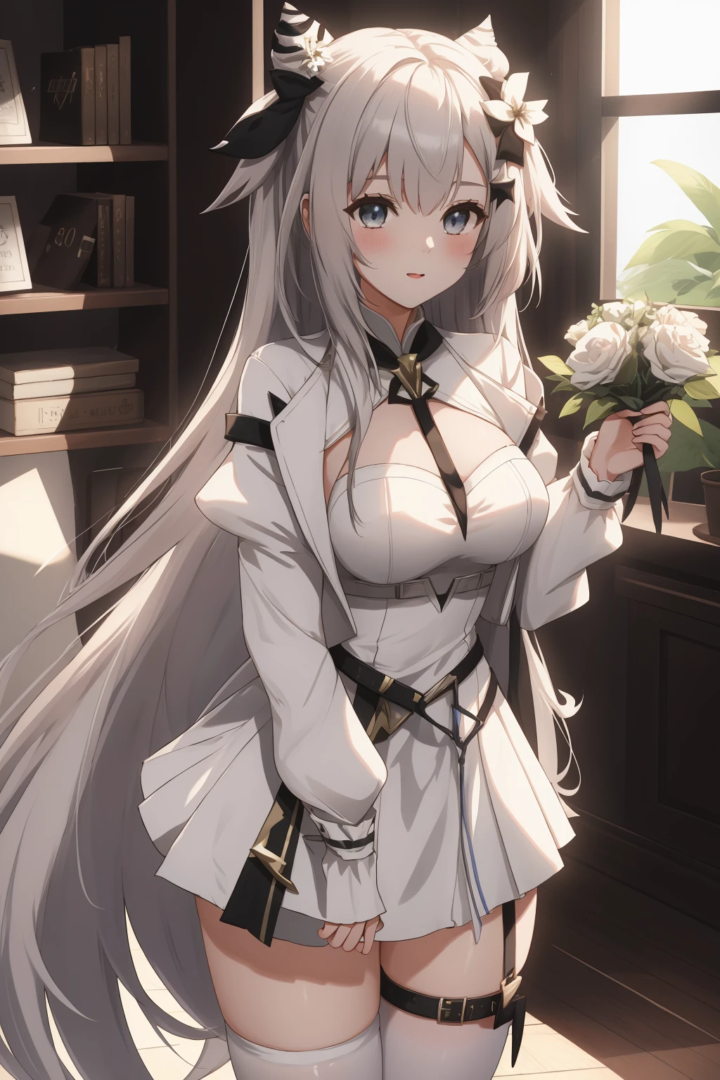 ((best quality)), absurdres, ((ultra high res)), vestia zeta, a woman in a white dress and black stockings, extremely detailed, 8k, masterpiece, <lora:zeta-20:0.75>