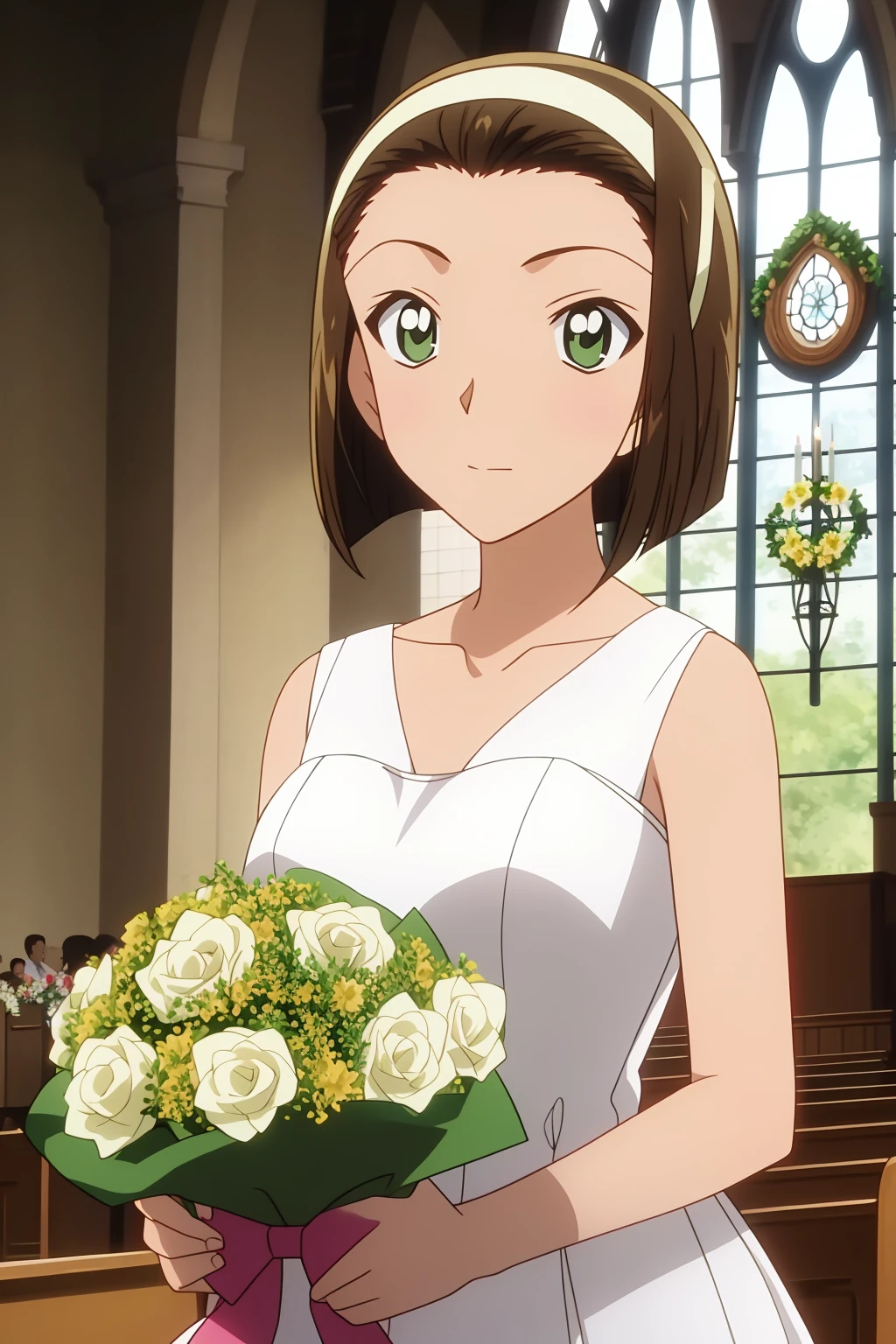 sonoko, 1girl,solo,short_hair,brown_hair,white_hairband,forehead,green_eyes,bob_cut,wedding,wedding_dress,holding_flowers,church