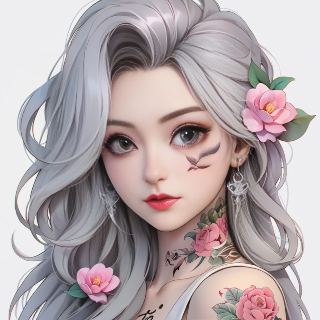 agg, glamorous curls, anime gorgeous girl, 1girl, pink flower, earrings, forehead marker, hair ornament, light gray long hair, tattoo, forehead imprint, looking at viewer, head portrait, aurelia, Joi, <lora:AGG Joi:0.8>