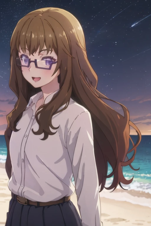 best quality, masterpiece, highres, solo, {night:1.10}, {starry sky:1.10}, beach, beautiful detailed sky, {extremely detailed background:1.20}, {feynman_yoshino_renaiflops:1.15}, {standing:1.10}, looking at viewer, {bikini:1.30}, brown_hair, long_hair, glasses, purple_eyes, semi-rimless_eyewear, under-rim_eyewear, bangs, open_mouth, light smile