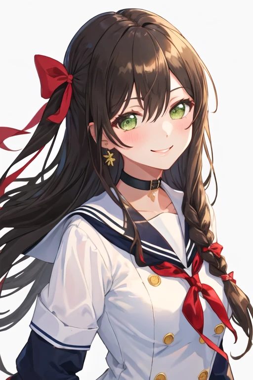 best quality, masterpiece, highres, solo, {hanazono_tae_bangdream:1.15}, long_hair, green_eyes, bangs, smile, blush, black_hair, brown_hair, hair_between_eyes, 1girl, hanasakigawa_school_uniform, looking_at_viewer, ribbon, sailor_collar, school_uniform, neck_ribbon, red_ribbon, sailor_dress, long_sleeves, white_sailor_collar, brown_dress, buttons, double-breasted, dress, simple_background, upper_body, white_background