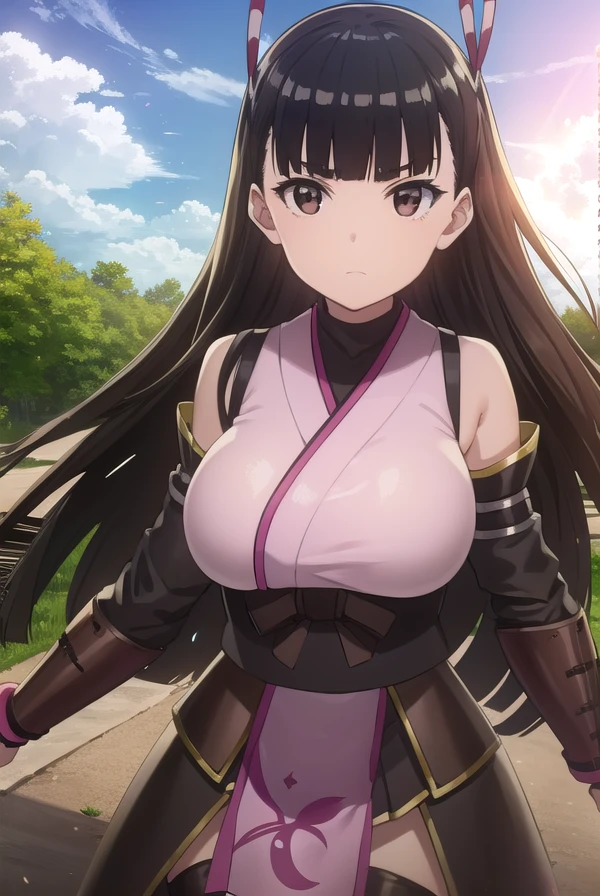 bofurikasumi, <lora:bofuri kasumi s2-lora-nochekaiser:1>,
kasumi, long hair, black hair, ribbon, hair ribbon, bangs, blunt bangs, (brown eyes:1.5),
BREAK thighhighs, detached sleeves, japanese clothes, black thighhighs, bare shoulders,
BREAK outdoors, forest, nature, sky, sun, clouds,
BREAK looking at viewer,
BREAK <lyco:GoodHands-beta2:1>, (masterpiece:1.2), best quality, high resolution, unity 8k wallpaper, (illustration:0.8), (beautiful detailed eyes:1.6), extremely detailed face, perfect lighting, extremely detailed CG, (perfect hands, perfect anatomy),