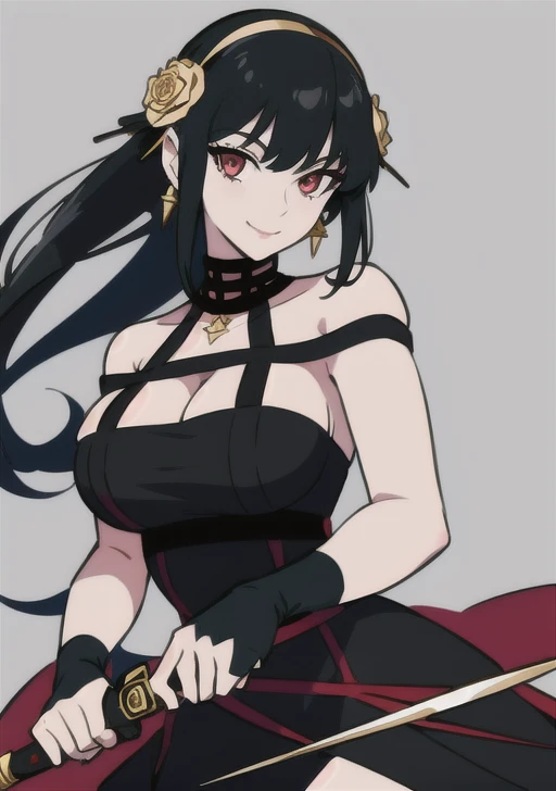 <lora:Yor_Forger:0.7>,yor_forger, 1girl, solo, long hair, breasts, looking at viewer, smile, bangs, large breasts, black hair, hair ornament, red eyes, gloves, dress, holding, cleavage, bare shoulders, jewelry, closed mouth, upper body, weapon, flower, sidelocks, hairband, earrings, black gloves, hair flower, fingerless gloves, holding weapon, black dress, rose, knife,dual wielding, holding knife, dagger, holding dagger, gold earrings, gold hairband