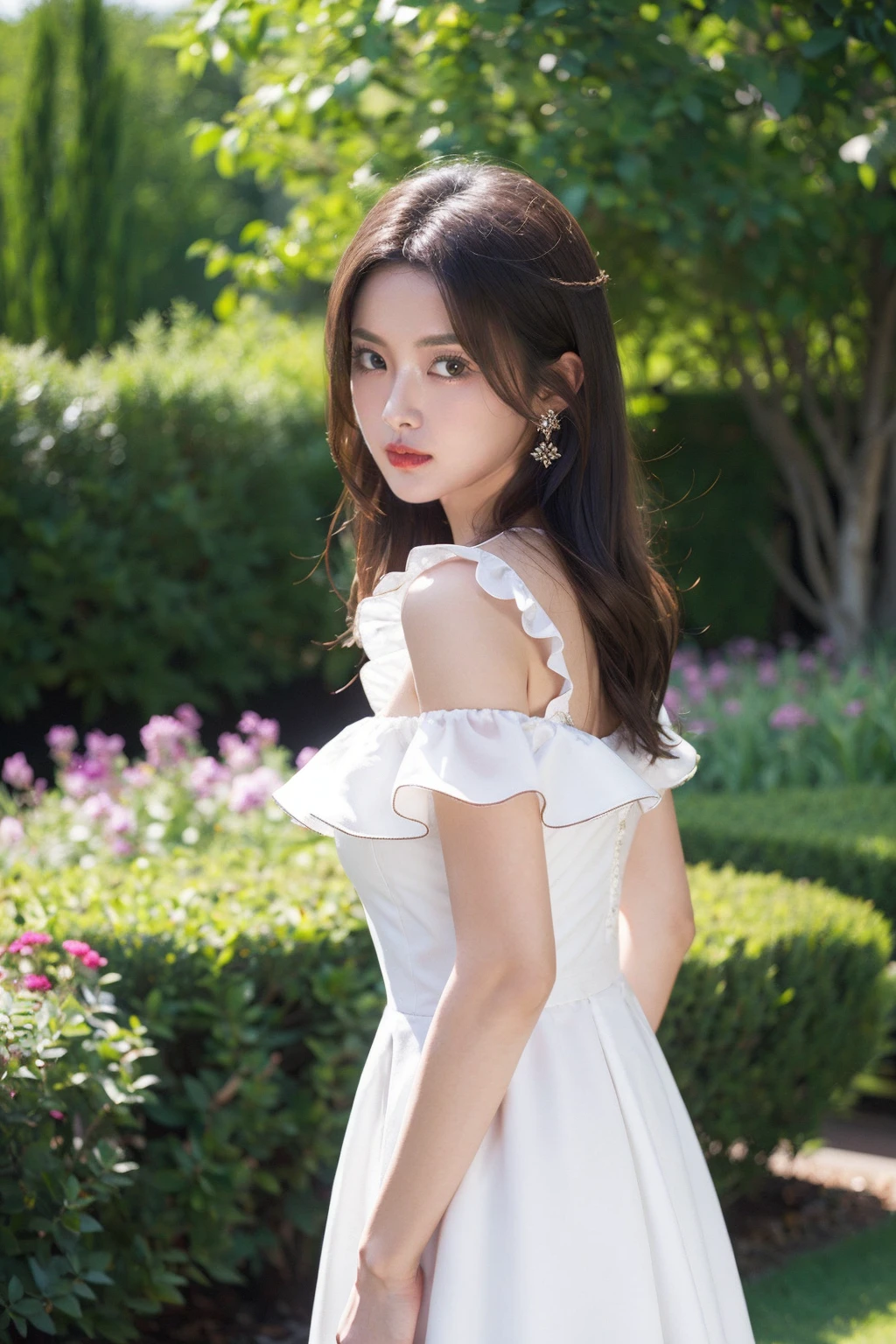 masterpiece,best quality,1girl,upper body,looking at viewer,
standing,
white dress, garden, frilled dress,
<lora:chaoyue:0.5>