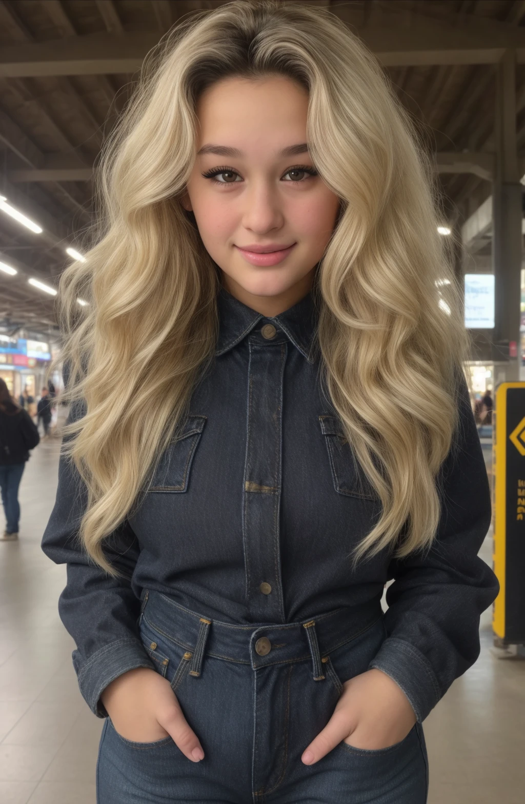 @trinity morisette, Trinity Morisette \(Person\), masterpiece, 1girl, ((portrait shot)), black eyes:1.5, nose, blonde hair, eyeliner, closed mouth, looking at viewer, long hair, smile , denim jeans, huge sagging breasts , background: train station ,<lora:Trinity-Morisette:0.7>
