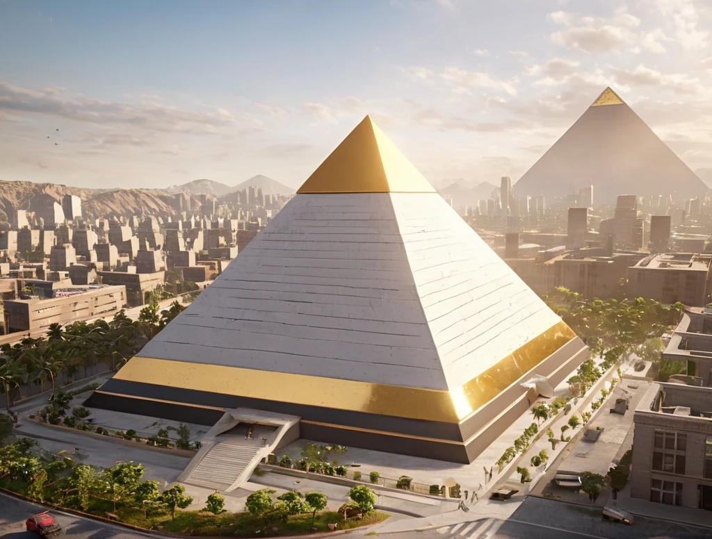 A pyramid with a gold top in a modern urban city landscape, 8k hd high definition beautiful photography, cg award winning unreal engine render, matte painting ultra realism <lora:Unweathered_Pyramids-000006:0.5>