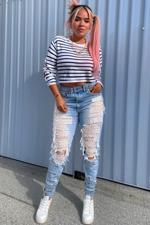 <lora:KarolG-10:1> Bichota, a woman with pink hair and a striped shirt, full body, pony tail