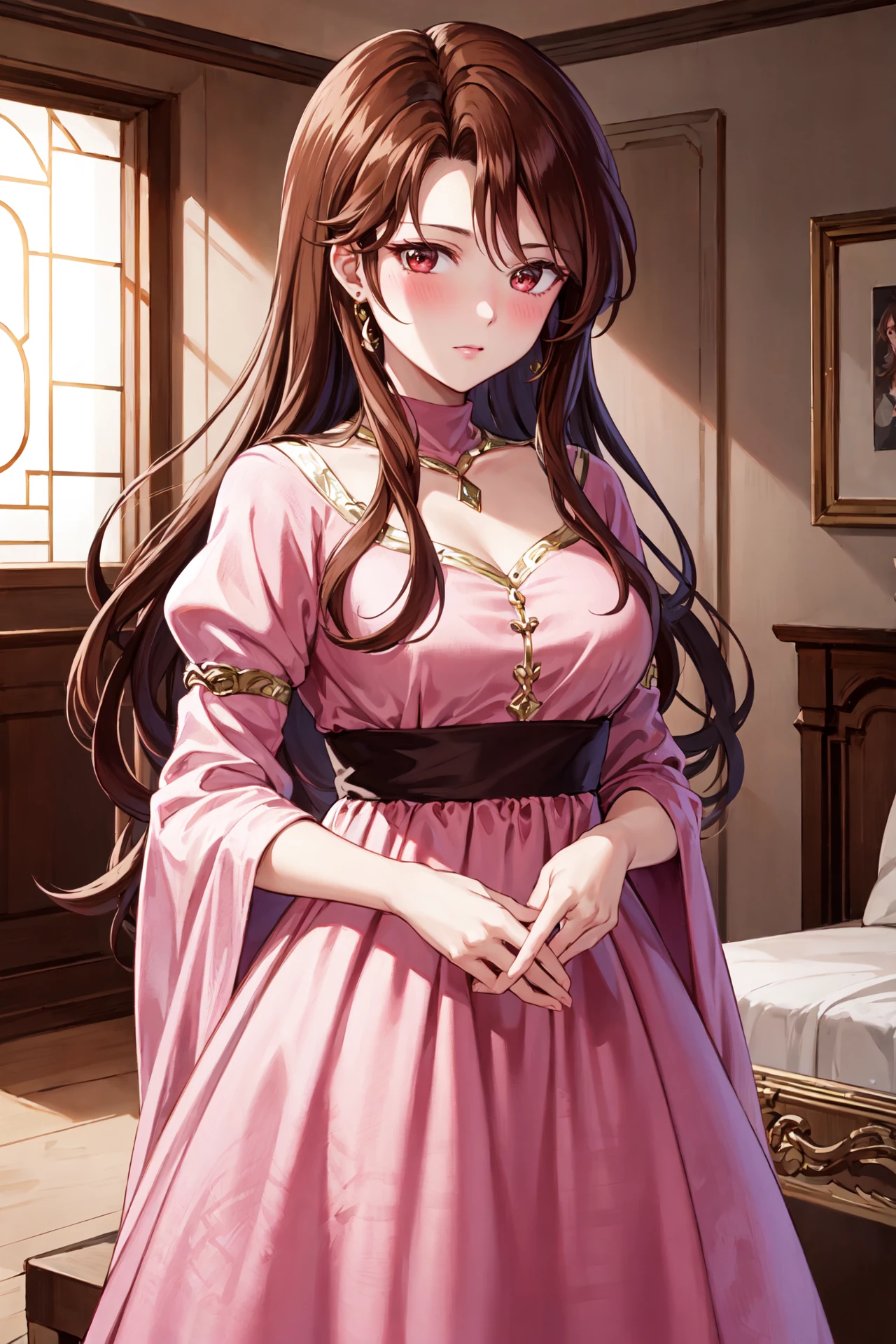 <lora:sheenaV1-000009:1>,sheena,Princess line dress,jewelry,looking at viewer,blush,indoors,(masterpiece, best quality, ultra-detailed, best shadow)