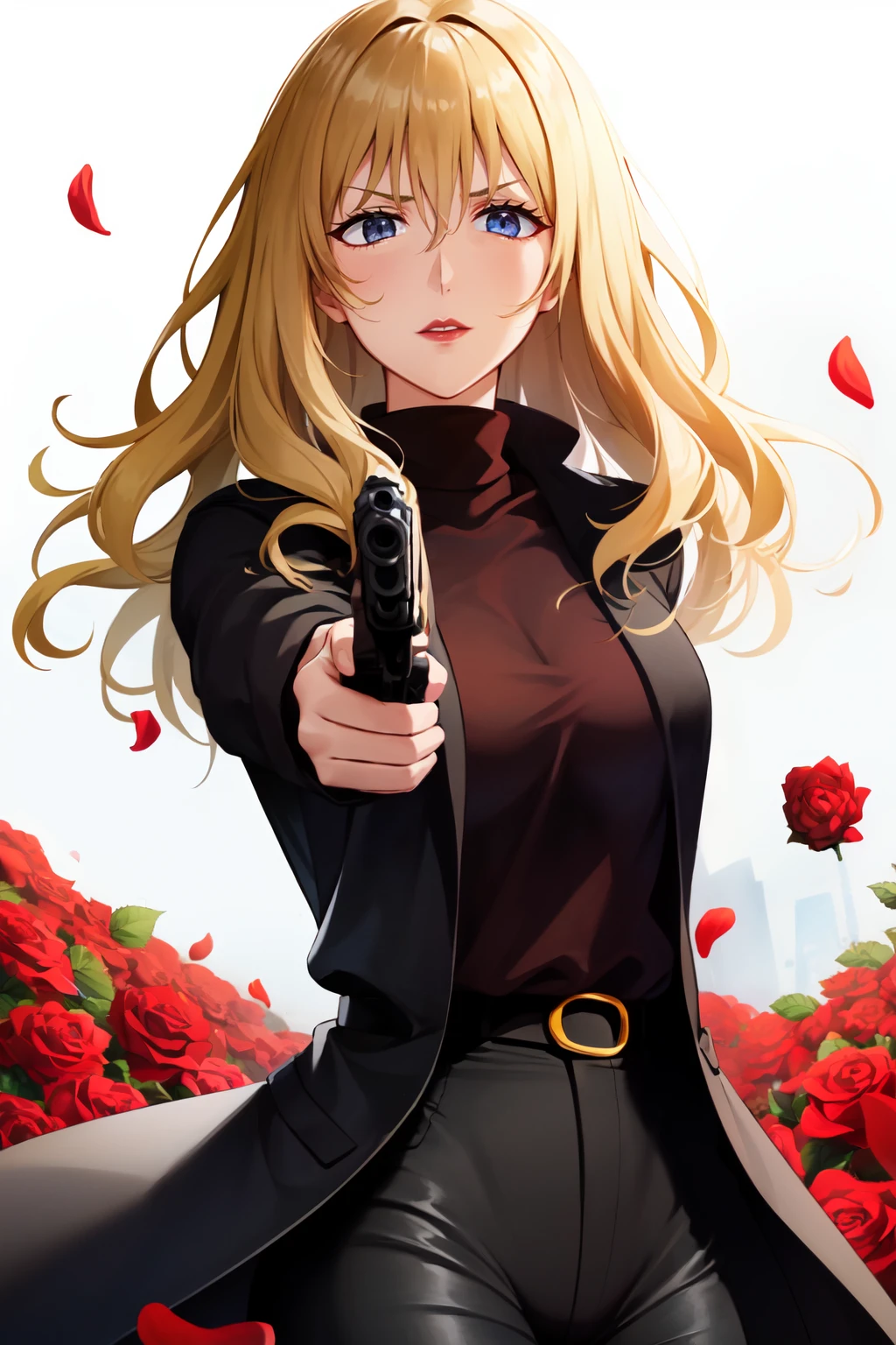 juliaco, 1girl, solo, long coat, turtleneck sweater, belt, black pants, petals, handgun, looking at viewer, aiming at viewer, lipstick, holding gun, cowboy shot, red rose, black coat, mature female, (lips:0.7)  <lora:juliaco_V1-10:0.8> <lora:LoraGoth:0.6>