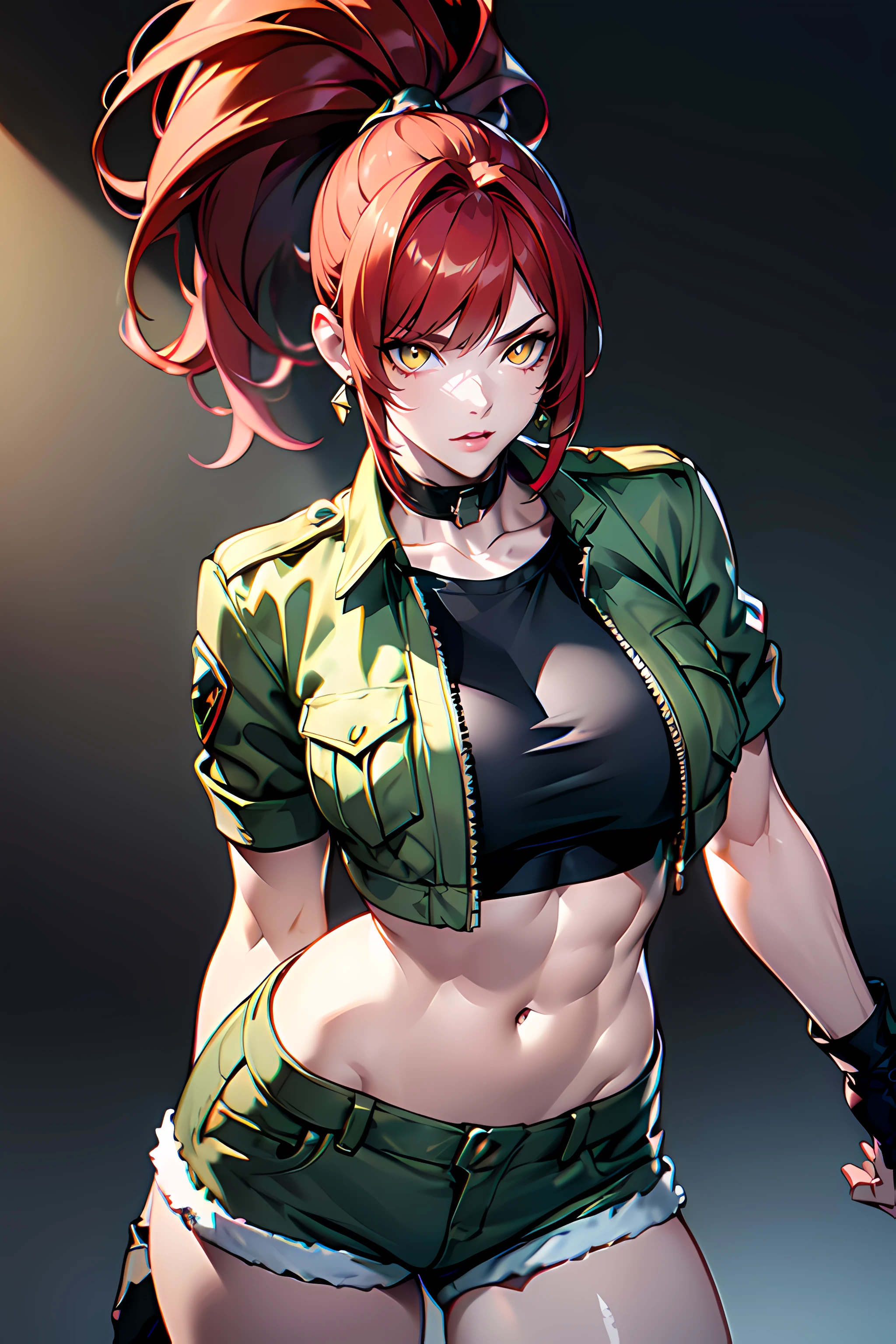 masterpiece,best quality, unreal engine, ultra res, extremely detailed,
1girl, large breasts, waist, slender, (muscular:1.2)
<lora:Character_ort_leona_heidern_v1.0:0.7>
leona heidern,jewelry,triangle earring, dog tags,
red hair,ponytail, bangs,
yellow eyes, glowing eyes
military uniform,green jacket, collar, short sleeves, collarbone, 
midriff, crop top,
short shorts, black gloves, 
standing , waist shot
<lora:Concept_Round_Breasts_V7:0.>ROUND BREASTS, large BREASTS
<lora:Style_hews_style:0.> <lora:Style_cutesexyrobutts_v2:0.>
<lora:Style_puuzaki-puuna-lora-v1:0.> <lora:Style_anmnr01AOM3A1:0.>