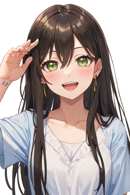 best quality, masterpiece, highres, solo, {hanazono_tae_bangdream:1.15}, long_hair, green_eyes, bangs, smile, blush, black_hair, brown_hair, hair_between_eyes, 1girl, :d, looking_at_viewer, open_mouth, upper_body, teeth, collarbone, simple_background, upper_teeth_only, portrait, shirt, white_background