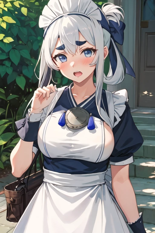 best quality, masterpiece, highres, solo, {maid:1.40}, {long maid dress:1.15}, {kamoi_kantaicollection:1.15}, long_hair, headband, folded_ponytail, white_hair, blue_eyes, sidelocks, breasts, thick_eyebrows, large_breasts, blush, hair_between_eyes, bandana, open_mouth