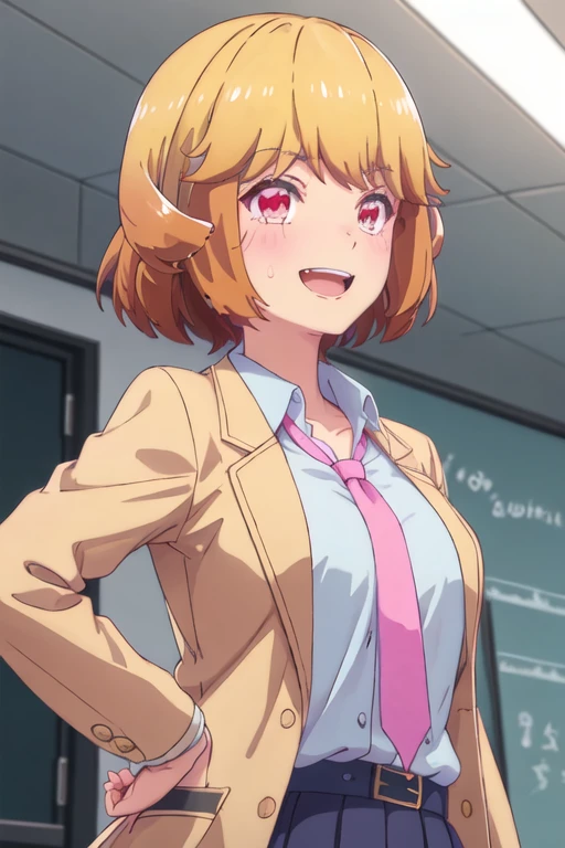 best quality, masterpiece, highres, solo, {istel_karin_renaiflops:1.15}, short_hair, blonde_hair, red_eyes, bangs, open_mouth, 1girl, shirt, collared_shirt, school_uniform, necktie, jacket, white_shirt, yellow_jacket, upper_body, pink_necktie, pink_eyes, closed_mouth, blazer, smile