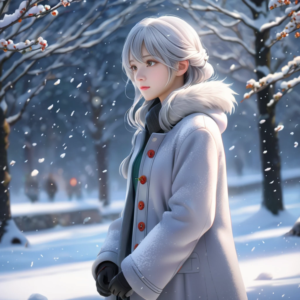 1 girl in the snow,snowing,Joi,AGG,anime gorgeous girl,light grey hair,realistic,authentic,side view,looking at audience, <lora:AGG Joi:0.6>,full body