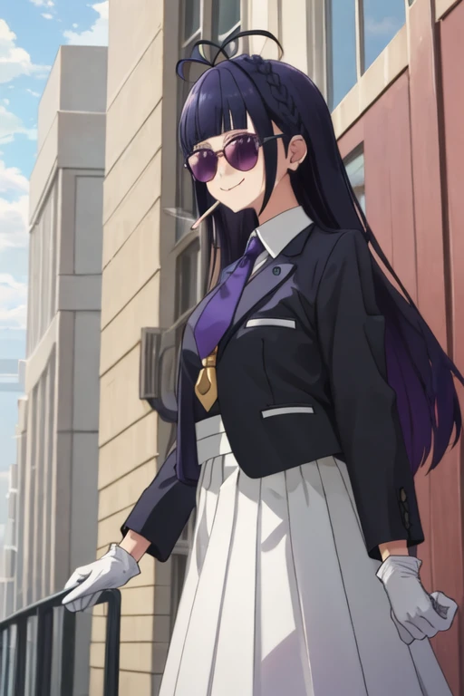 best quality, masterpiece, highres, solo, {black business suit:1.40}, {tie:1.20}, {sunglasses:1.25}, {white gloves:1.15}, {white shirt:1.10}, {black skirt:1.15}, {smoking:1.20}, handsome, {izawa_ai_renaiflops:1.15}, long_hair, bangs, blunt_bangs, purple_eyes, braid, purple_hair, smile, black_hair, antenna_hair