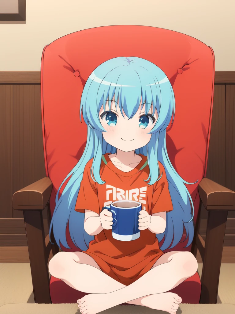 <lora:Noel:0.8>Noel, 1girl, solo, long hair, barefoot, blue eyes, smile, sitting, blue hair, chair, cup, eirika (fire emblem), raglan sleeves, shirt, feet, child, aged down, aqua hair, t-shirt, mug
masterpiece, high quality, very_high_resolution, large_filesize, full color,