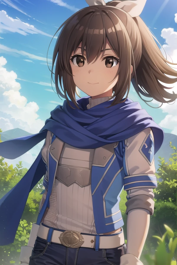 bofurisally, <lora:bofuri sally s2-lora-nochekaiser:1>,
sally, long hair, brown hair, (brown eyes:1.5), ribbon, hair ribbon, ponytail, smile,
BREAK gloves, shorts, scarf, blue scarf, shirt, white shirt, puffy sleeves, long sleeves, belt, denim shorts,
BREAK outdoors, nature, forest, sun, sky, clouds, trees, grass,
BREAK looking at viewer,
BREAK <lyco:GoodHands-beta2:1>, (masterpiece:1.2), best quality, high resolution, unity 8k wallpaper, (illustration:0.8), (beautiful detailed eyes:1.6), extremely detailed face, perfect lighting, extremely detailed CG, (perfect hands, perfect anatomy),