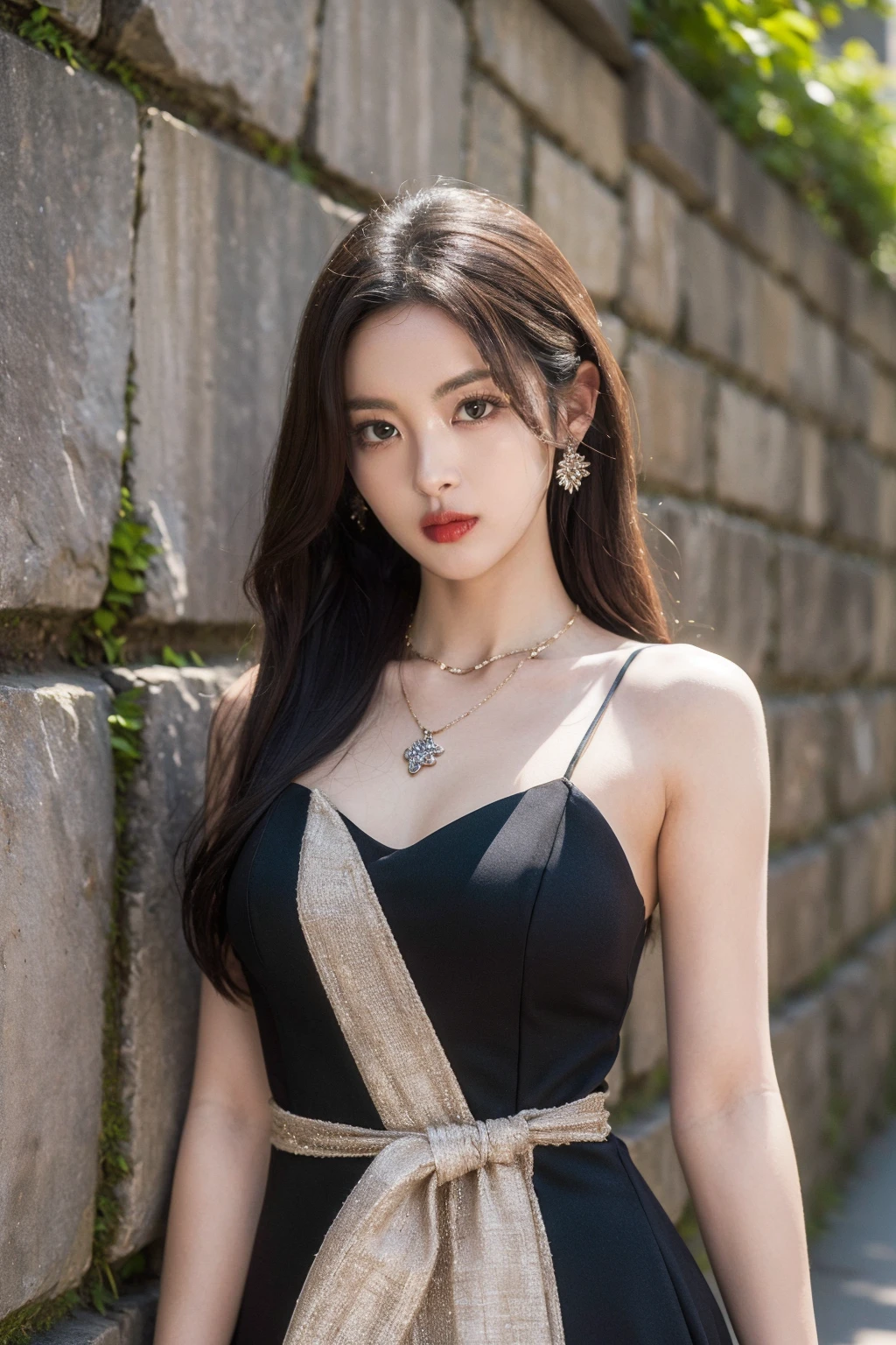 masterpiece,best quality,1girl,upper body,looking at viewer,
standing,
black dress,strap dress,ginza,stone wall, necklace, 
<lora:chaoyue:0.5>