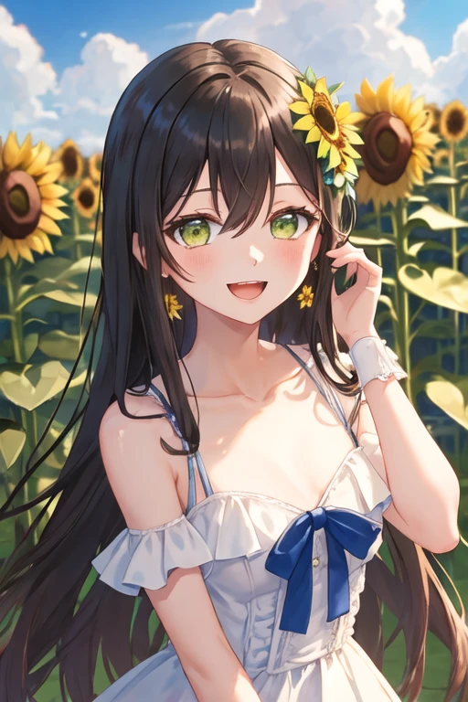 best quality, masterpiece, highres, solo, {hanazono_tae_bangdream:1.15}, long_hair, green_eyes, bangs, smile, blush, black_hair, brown_hair, hair_between_eyes, 1girl, :d, blue_sky, cloud, collarbone, day, flower, hair_flower, hair_ornament, looking_at_viewer, open_mouth, outdoors, sky, sunflower, teeth, upper_teeth_only, bare_shoulders, dress, frilled_dress, frills, sidelocks, sleeveless, white_dress, yellow_flower, blurry, blurry_background, hand_up, sleeveless_dress, standing, upper_body