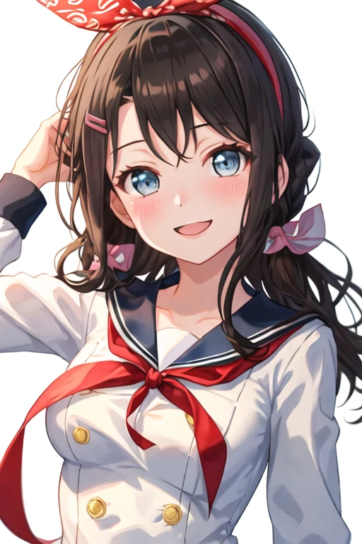 best quality, masterpiece, highres, solo, {okusawa_misaki_bangdream:1.15}, bangs, black_hair, hair_ornament, blue_eyes, hairclip, blush, smile, medium_hair, open_mouth, long_hair, 1girl, hanasakigawa_school_uniform, neck_ribbon, red_ribbon, ribbon, school_uniform, upper_body, looking_at_viewer, long_sleeves, sailor_collar, sailor_dress, simple_background, white_background, buttons, double-breasted