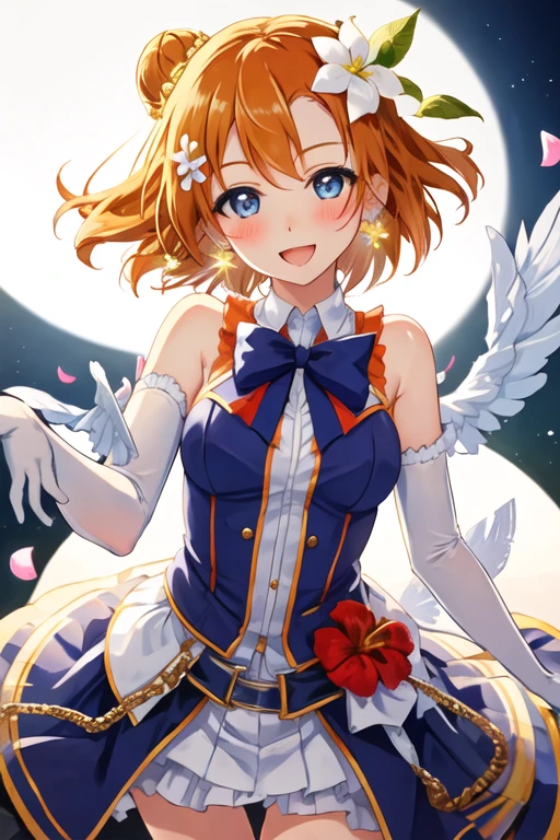 best quality, masterpiece, highres, solo, {kousaka_honoka_lovelive:1.15}, blue_eyes, orange_hair, one_side_up, smile, blush, short_hair, open_mouth, bow, hair_bow, hair_ornament, 1girl, looking_at_viewer, earrings, gloves, jewelry, white_gloves, flower, hair_flower, elbow_gloves, hair_bun