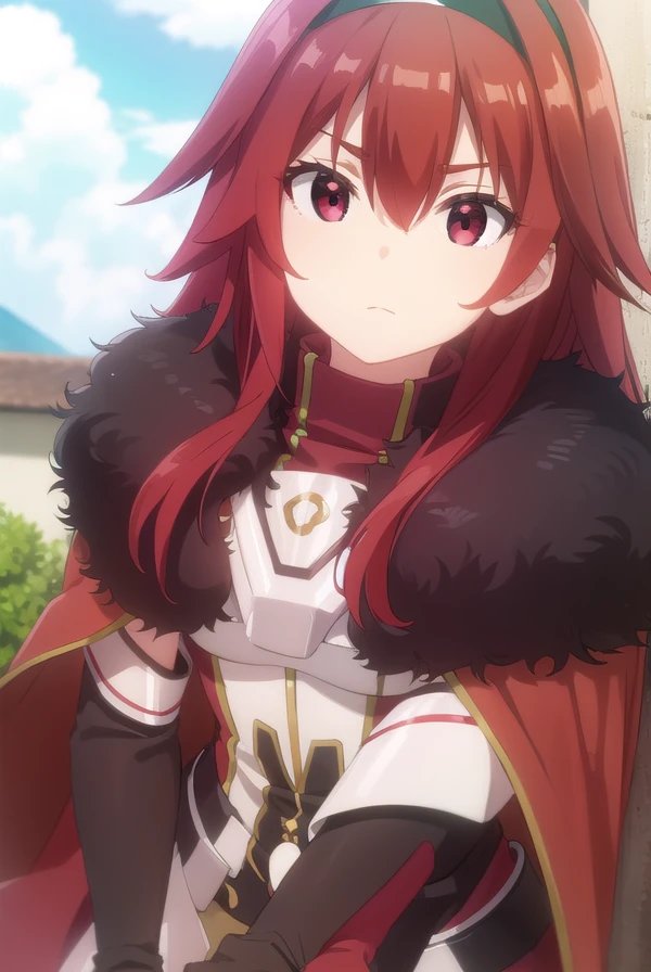 bofurimii, <lora:bofuri mii s2-lora-nochekaiser:1>,
mii, long hair, bangs, (red eyes:1.3), hair between eyes, sidelocks, red hair, hairband, black hairband,
BREAK gloves, black gloves, cape, armor, fur trim, red cape,
BREAK outdoors, forest, nature, sky, sun, clouds,
BREAK looking at viewer,
BREAK <lyco:GoodHands-beta2:1>, (masterpiece:1.2), best quality, high resolution, unity 8k wallpaper, (illustration:0.8), (beautiful detailed eyes:1.6), extremely detailed face, perfect lighting, extremely detailed CG, (perfect hands, perfect anatomy),