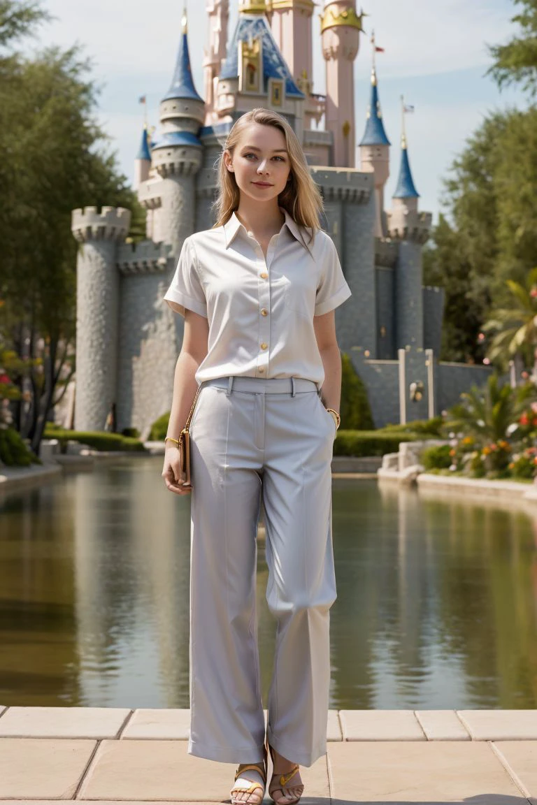 <lora:fgella_obj20:0.7>, full_body, standing, sandals, (shirt), pants, (disney castle), (fgella: 1.2), perfect face, (contact iris: 1.1), pale skin, skin pores , depth of field