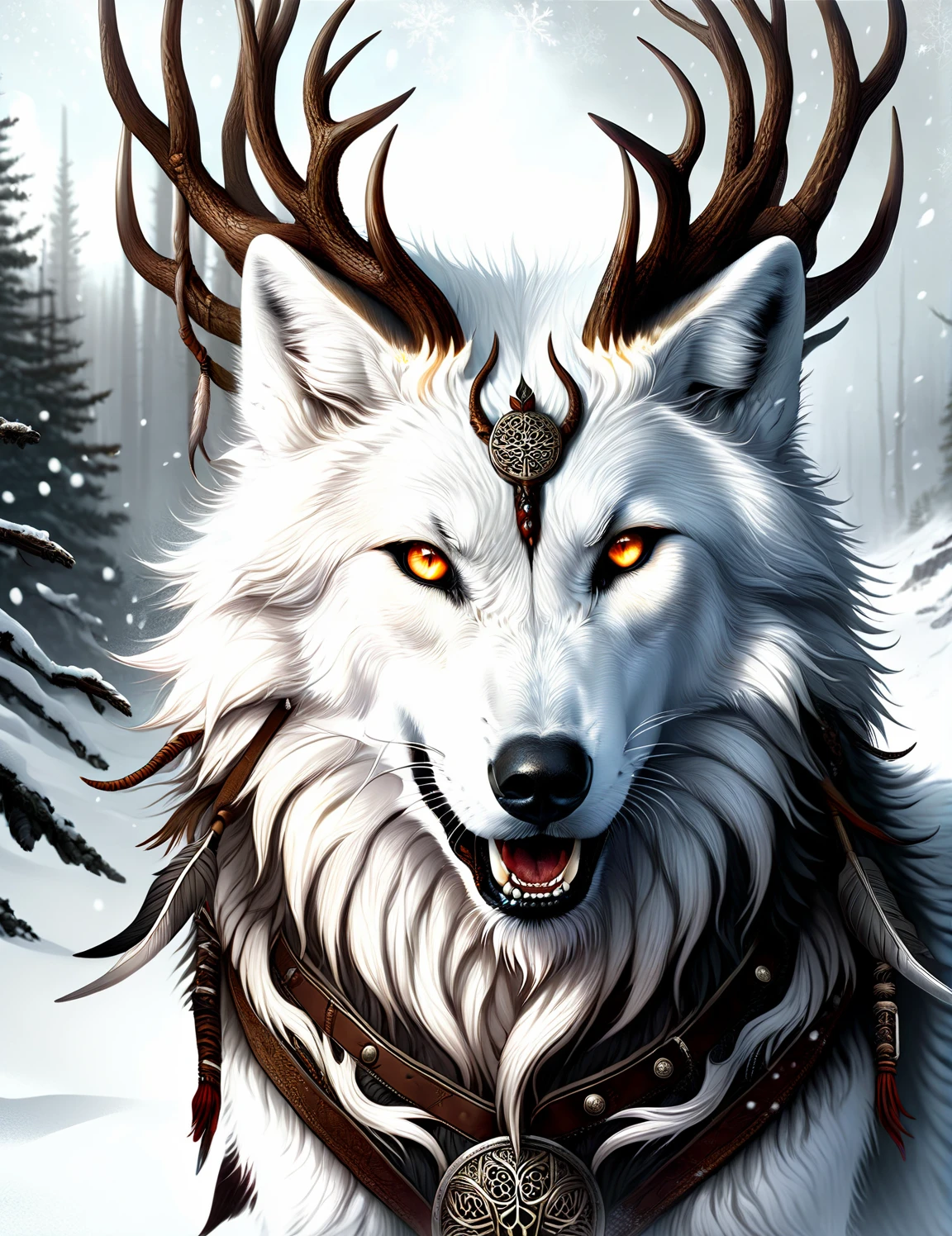 <lora:SDXLAntlerPagan:1>AntlerStyle, A powerful white wolf, angry expression, wearing an ornate leather collar, its eyes ablaze, nostrils flaring, mouth open, close-up, charges towards the viewer through a blizzard-filled landscape, fur whipped by the wind as it runs, creating an impressive display of snow flying around its fury form, highly detailed eyes, style of Wlop and Greg Rutkowski and Guweiz,