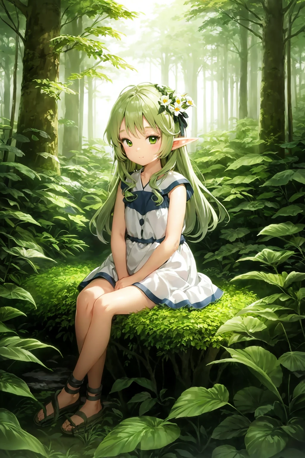 (masterpiece,best quality,illustration,official art:1.05),(tachi-e:1.12),full body,sitting,looking at viewer,solo,1girl,elf girl,long hair,green hair,[green|blue] eyes,dress,white hair flower,hair ornament,(age8),(child),wind,leaf,tree,forest,