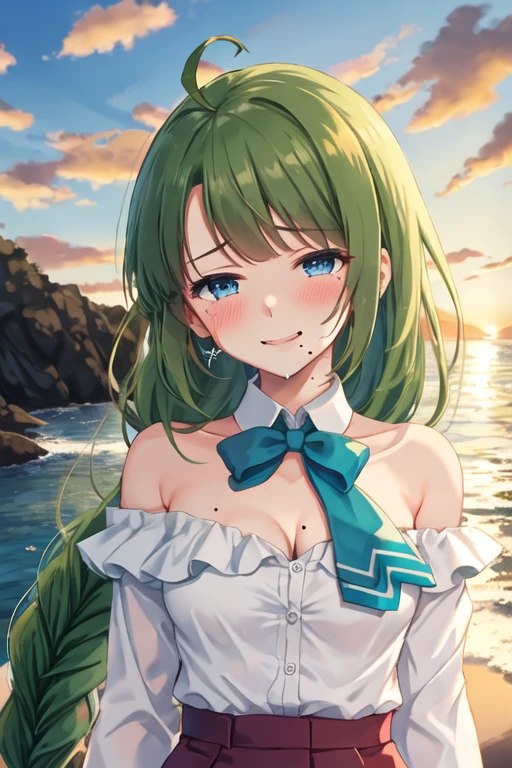 best quality, masterpiece, highres, solo, {yuugumo_kantaicollection:1.15}, green_hair, long_hair, mole, mole_under_mouth, blue_eyes, ahoge, braid, single_braid, very_long_hair, blush, smile, bow, bowtie, breasts, 1girl, collarbone, looking_at_viewer, cleavage, medium_breasts, cloud, crying, sky, tears, bare_shoulders, shirt, crying_with_eyes_open, ocean, off_shoulder, sunset, upper_body