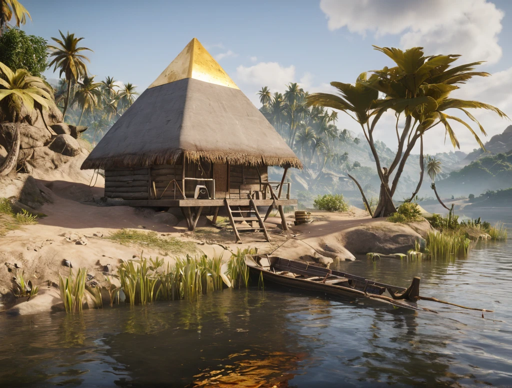 a fishing hut on the riverbank in the style of a wh1t3ng0ld style pyramid, gold top, 8k hd high definition beautiful photography, cg award winning unreal engine render, matte painting ultra realism <lora:Unweathered_Pyramids-000006:0.6>