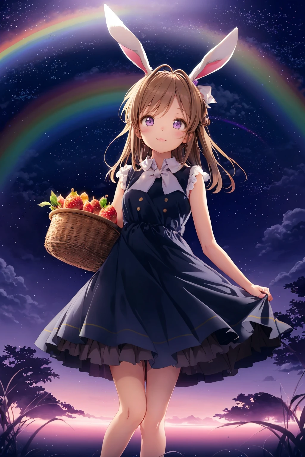1girl, solo, best quality, Cute anime illustration, Alice dress on girl, Big floating fruit basket, Rabbit, Various fruits, Purple sky with stars, Rainbow, Dreamlike fantasy background, Kawaii