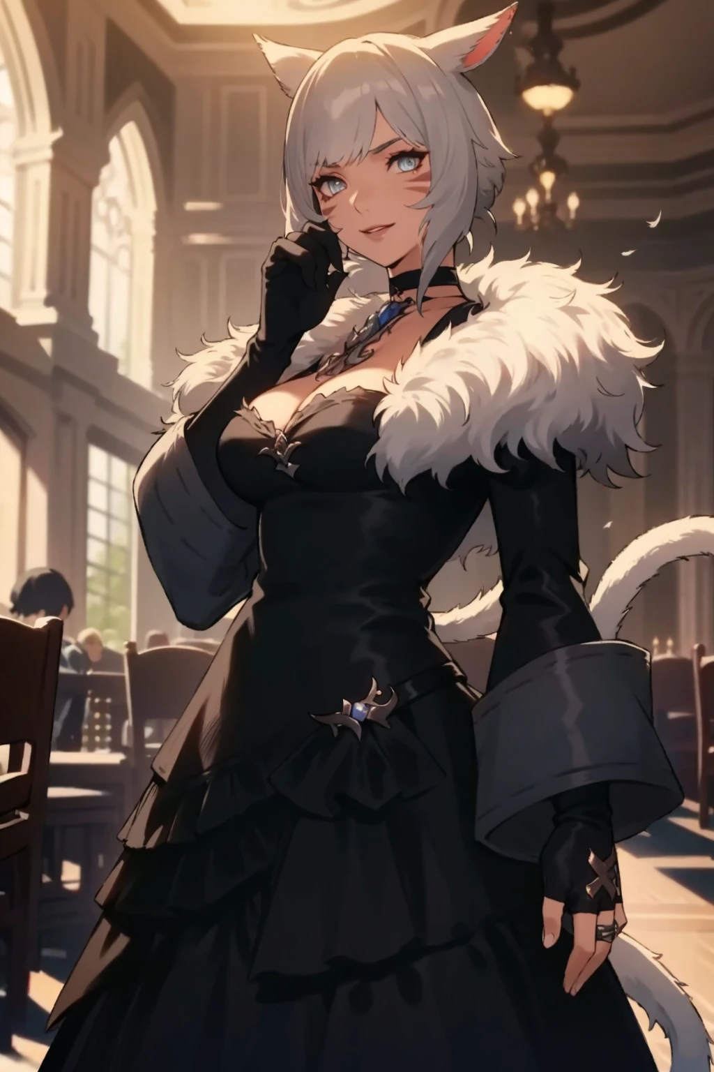 <lora:YSTLRR_FF14:0.6>, Matoya, y'shtola, y'shtola rhul, miqo'te, cat girl, grey hair, short hair, bangs, animal ears, cat ears, grey eyes, slit pupils, lips, facial mark, whisker markings, tail, cat tail, hair ornament, feather hair ornament, choker, black choker, brooch, dress, long dress, black dress, fur-trimmed dress, fur trim, backless outfit, cleavage, long sleeves, wide sleeves, gloves, black gloves, fingerless gloves, partially fingerless gloves, ring, claw ring, masterpiece, best quality, high-resolution, absurdres, highres, ultra detailed, highly detailed, detailed beautiful face and eyes, 4k, 8k
BREAK
cowboy shot, large breasts, smile, happy, indoor, library, cowboy shot, (looking at viewer:1.3), <lora:flat2:0.8> <lora:Silicon-landscape-isolation:1>