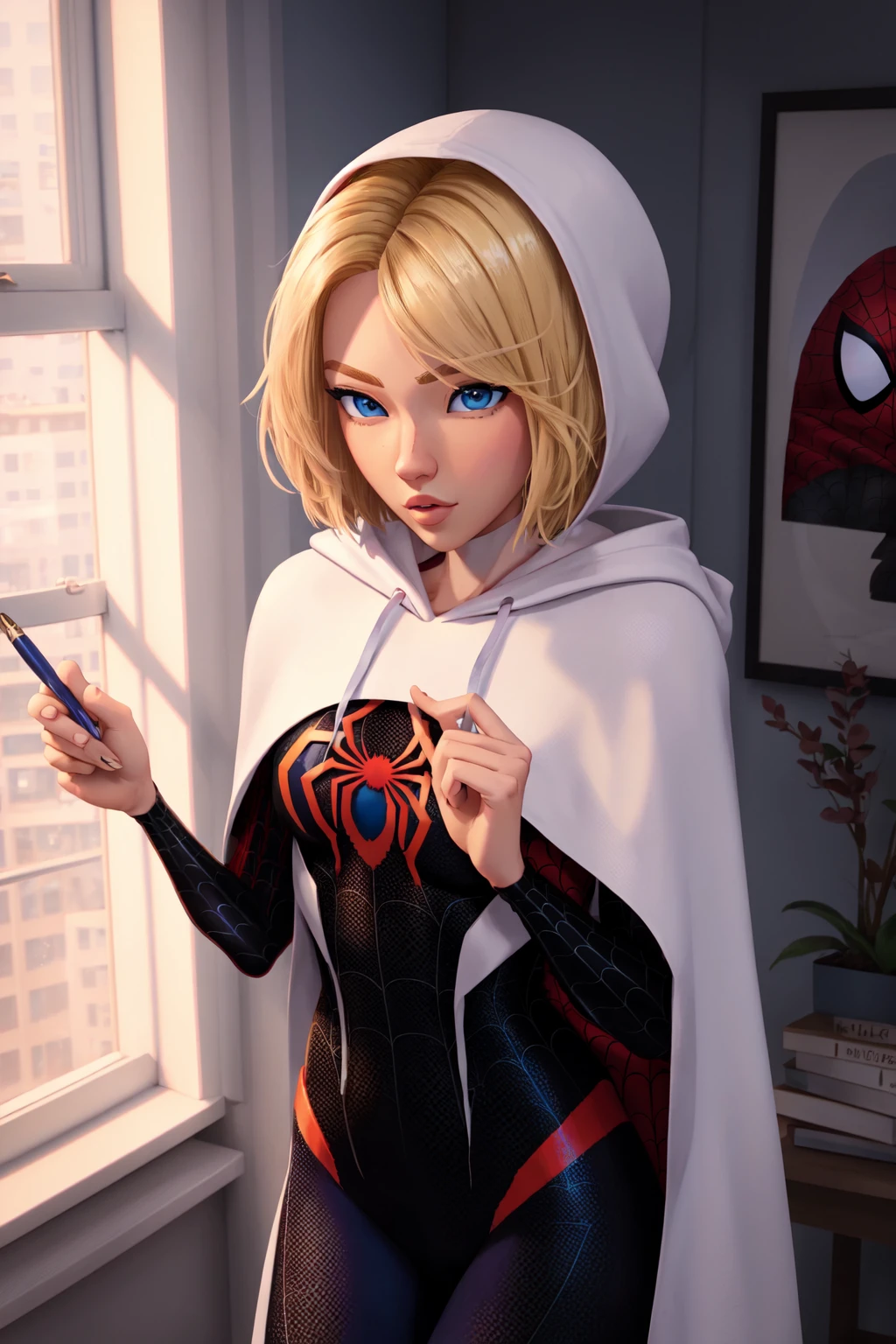 <lora:Spiderverse:0.8> Spiderverse Style, 1girl, blonde hair, blue eyes, bodysuit, chair, holding, hood, hood down, hooded bodysuit, parted lips, pen, portrait, short hair, solo, spider web print, superhero, window