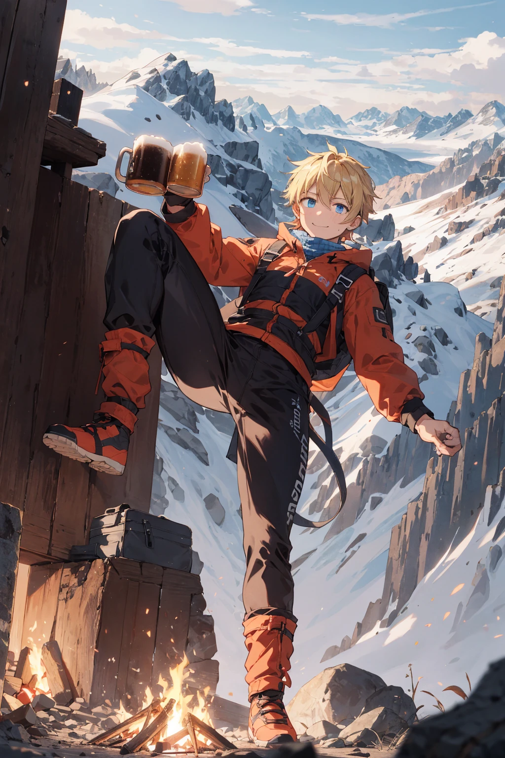 wide Shot,(best hands),best quality,(masterpiece:1.1576), (ultra detailed 8k art:1.05),1 male,(blond hair),(drink 1 metal mug, beer,cobalt blue eyes), angelic smile,Sweat,outdoor,looking the viewer,Climbing clothes, long sleeves, top of the mountain ,Mountain hut, Climbing long pants, climbing boots,many climbers,Deer walking behind a man BREAK
spring, Campfire