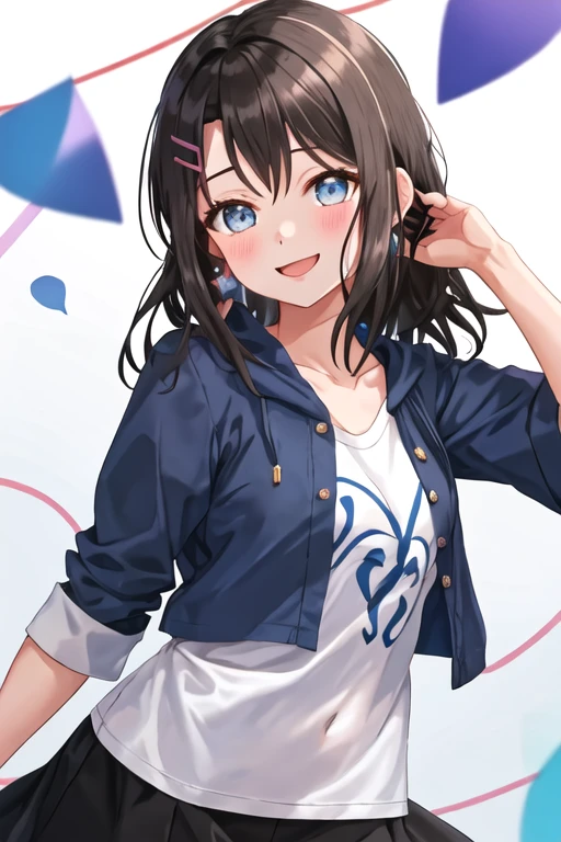 best quality, masterpiece, highres, solo, {okusawa_misaki_bangdream:1.15}, bangs, black_hair, hair_ornament, blue_eyes, hairclip, blush, smile, medium_hair, open_mouth, long_hair, 1girl, looking_at_viewer, shirt, simple_background, white_shirt, collarbone, hair_between_eyes, upper_body, blue_background, closed_mouth, short_sleeves