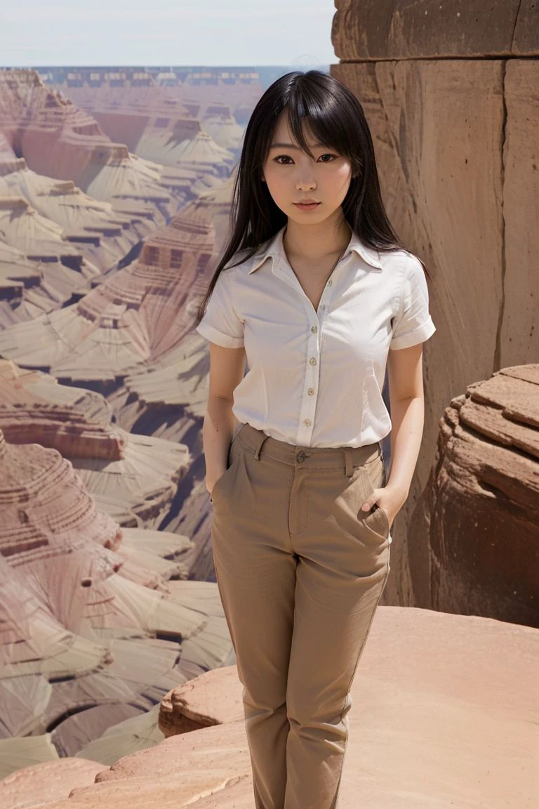 <lora:sora_izumi_obj20:0.7>, full_body, standing, sandals, (shirt), pants, (grand canyon), (sora_izumi: 1.2), perfect face, (contact iris: 1.1), pale skin, skin pores , depth of field