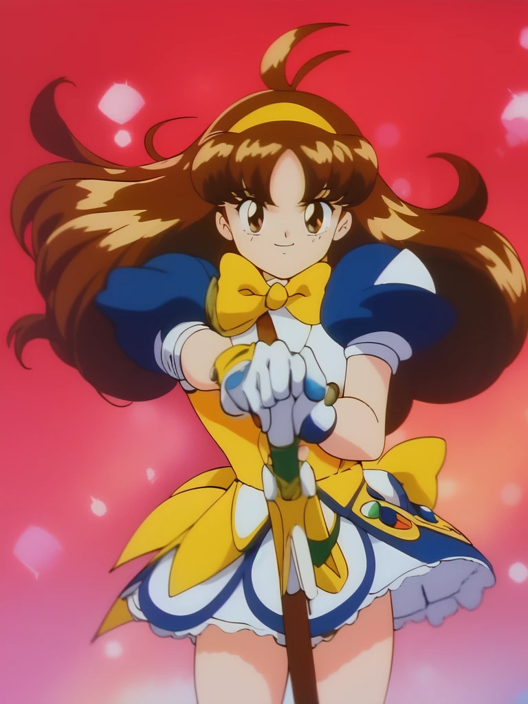 <lora:TsuruginoMai:1> TsuruginoMai, 1girl, solo, brown hair, weapon, gloves, sword, long hair, holding, retro artstyle, 1990s (style), brown eyes, bow, pink background, yellow bow, holding weapon, holding sword, magical girl, hairband, skirt, short sleeves, white gloves, armor, dress, smile, looking at viewer, antenna hair, puffy sleeves, bangs, puffy short sleeves,
masterpiece, high quality, very_high_resolution, large_filesize, full color, 1990s \(style\), anime, anime_screencap, animated gif, mp4 ,video, animated,