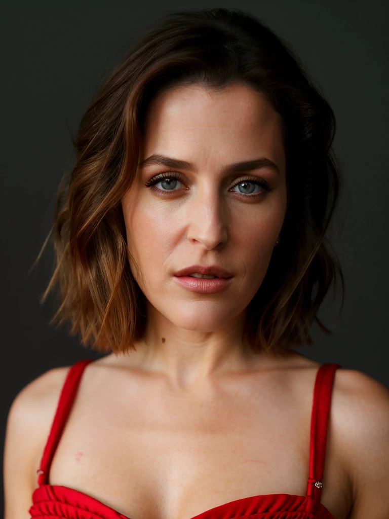 Realistic photo of a beautiful g1ll14n4 woman,1girl,solo,short hair,brown hair,dress,grey background,lips,head tilt,red dress,realistic,soft lighting, professional Photography, Photorealistic, detailed, RAW, analog, sharp focus, 8k, HD, high quality, masterpiece<lora:g1ll14n4:1.0>